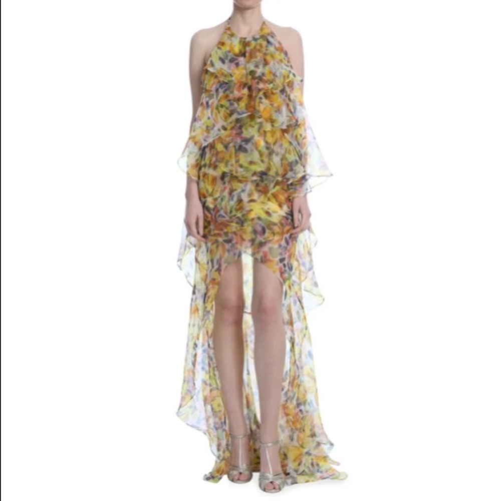 Badgley Mischka Tropical print High-low halter dress